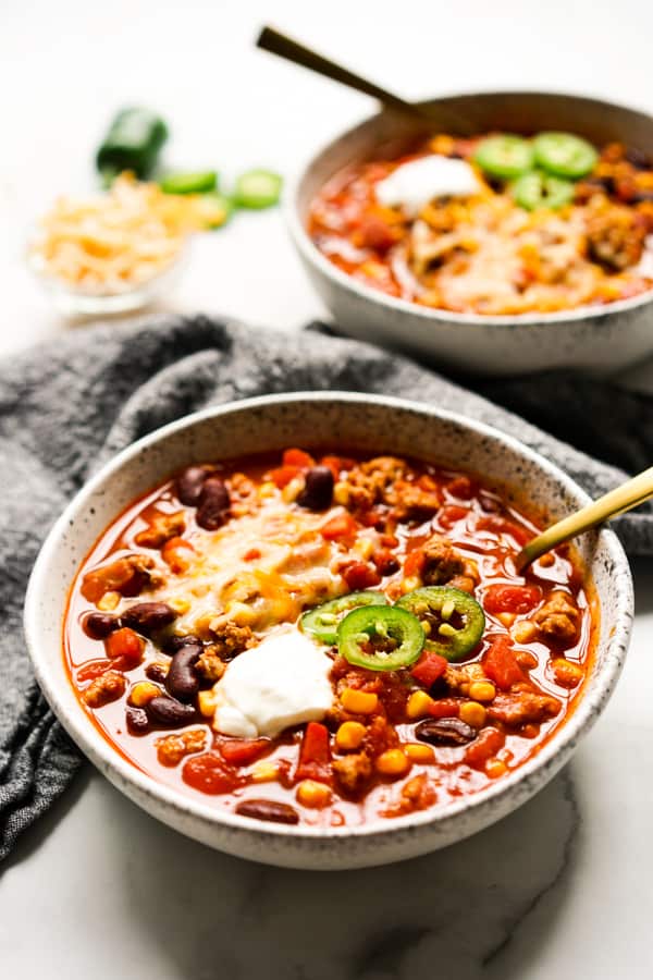 Two bowls of Healthy Turkey Chili