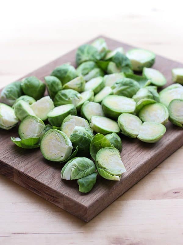 Brussel sprouts chopped in half for Honey Roasted Brussel Sprouts and Bacon