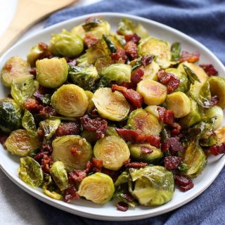 a plate of Honey Roasted Brussel Sprouts and Bacon