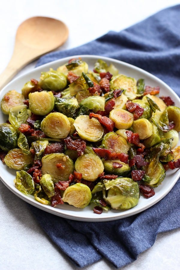 a plate of Honey Roasted Brussel Sprouts and Bacon