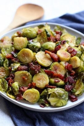 Close up of a plate of Honey Roasted Brussel Sprouts and Bacon