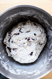 No-Knead Cranberry Bread dough shaped into a ball