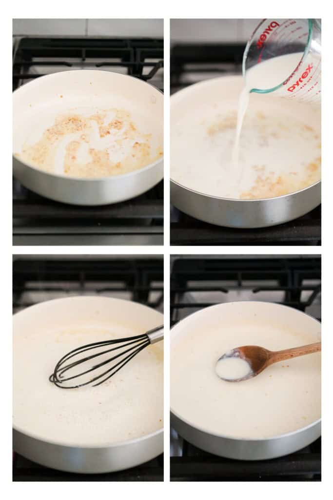 Making cream sauce on the stovetop in a skillet using a butter and flour roux and milk
