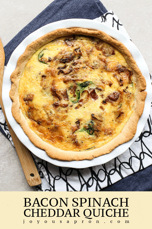 Bacon Spinach Cheddar Quiche - delicious quiche recipe perfect for brunch and breakfast. Perfect savory pie recipe for Easter and Christmas holidays. via @joyousapron