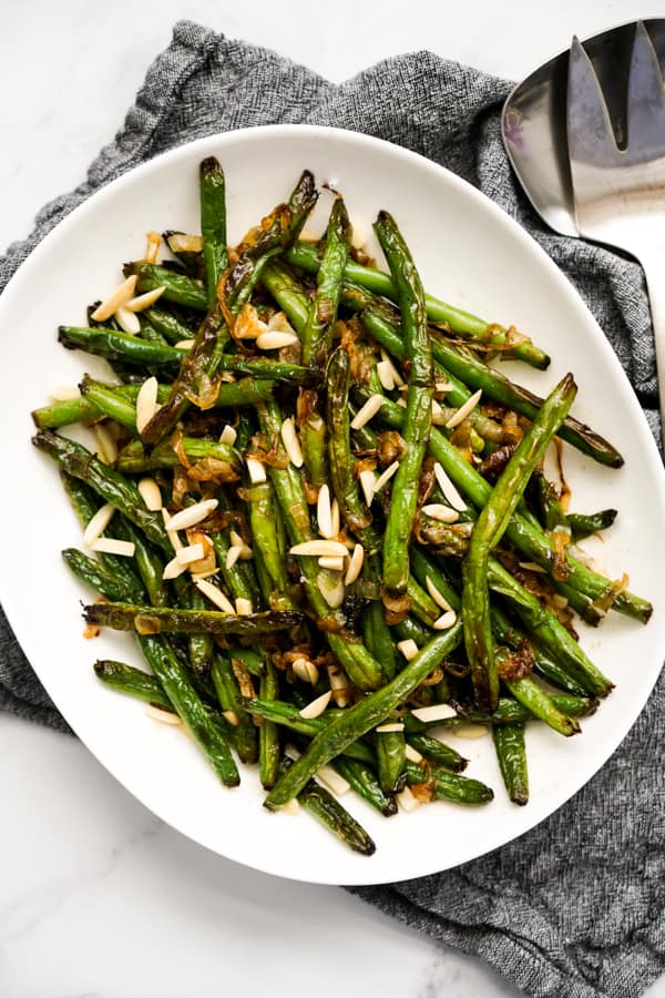 Top down of a plate of Caramelized Onions Sautéed Green Beans