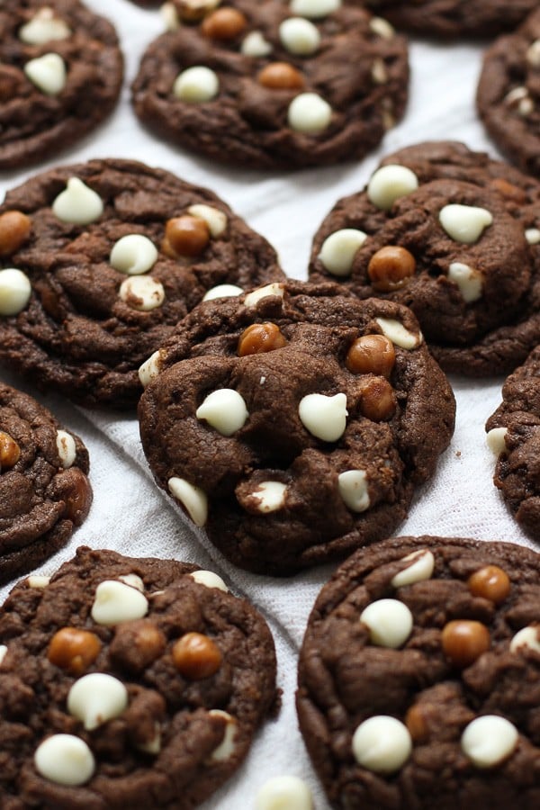 Caramel White Chocolate Chip Chocolate Cookies on kitchen towel