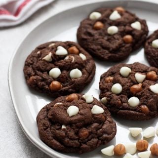 A plate of Caramel White Chocolate Chip Chocolate Cookies