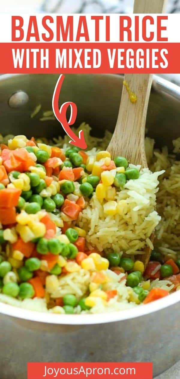 Easy Mixed Vegetable Rice - A super easy AND flavorful side! Basmati rice cooked in garlic and chicken bouillon and tossed with mixed vegetables. Quick, light and healthy too! via @joyousapron