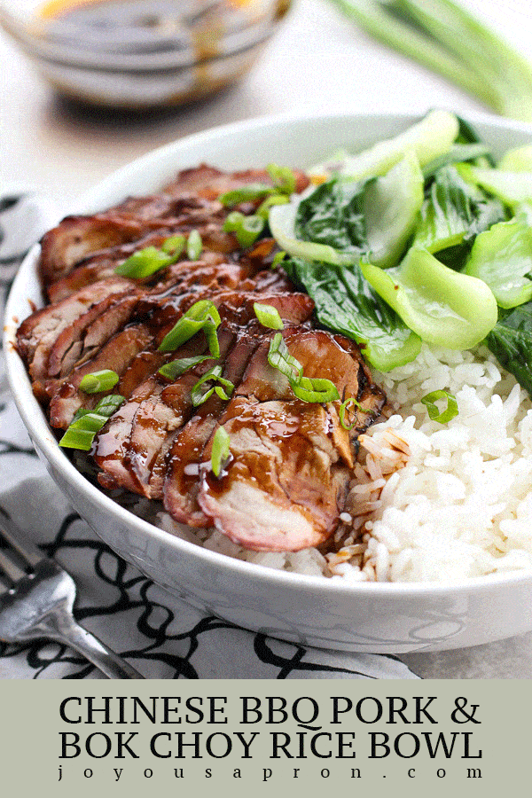 Chinese BBQ Pork (Char Siu) and Bok Choy Rice Bowl - A classic and authentic Chinese dish! Fragrant steamed jasmine rice topped with sweet and salty glazed fire-roasted slices of Chinese Barbecue Pork and Baby Bok Choy. Drizzle with a sweet soy sauce. A flavorful and delicious meal! via @joyousapron