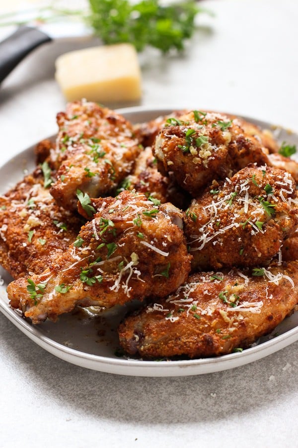 a plate of Baked Garlic Parmesan Chicken Wings