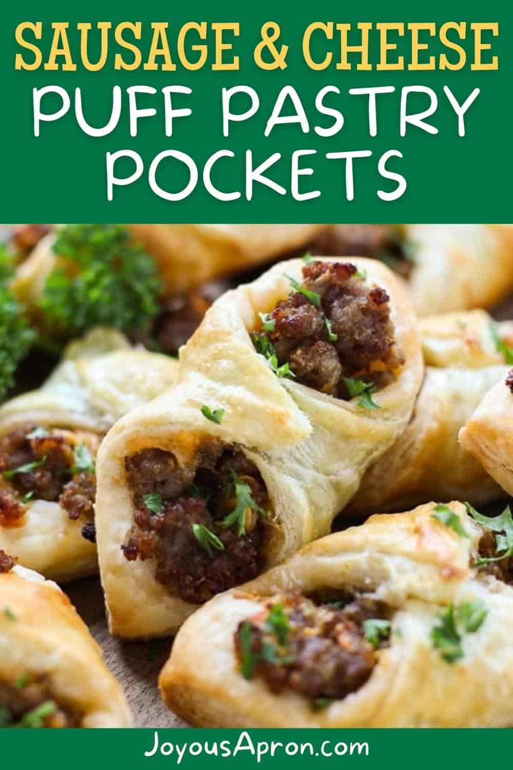 Sausage and Cheese Puff Pastry Pockets - easy appetizer, snack or even breakfast! Crumbly sausage and cheese wrapped in a buttery, flaky puff pastry. Perfect finger food for parties, game day, showers and holidays! via @joyousapron