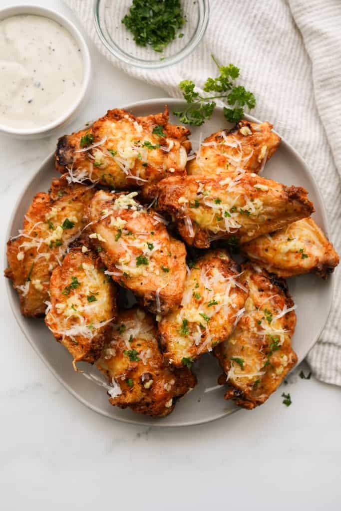 Top down view of a plate of wings