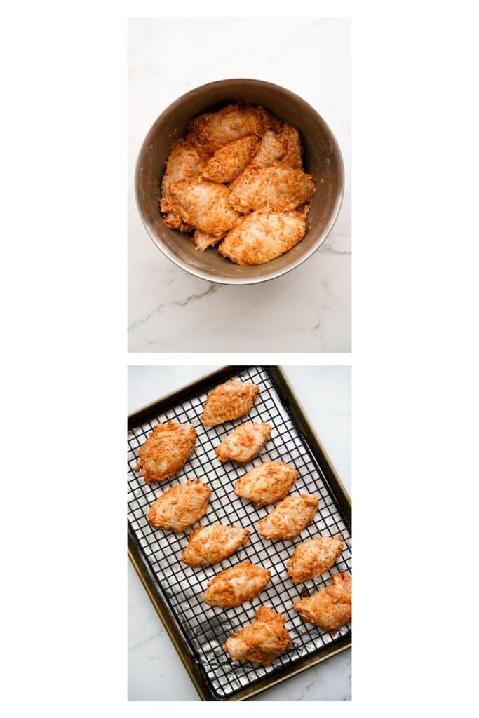 Chicken wings tossed in seasonings, and then place on baking rack