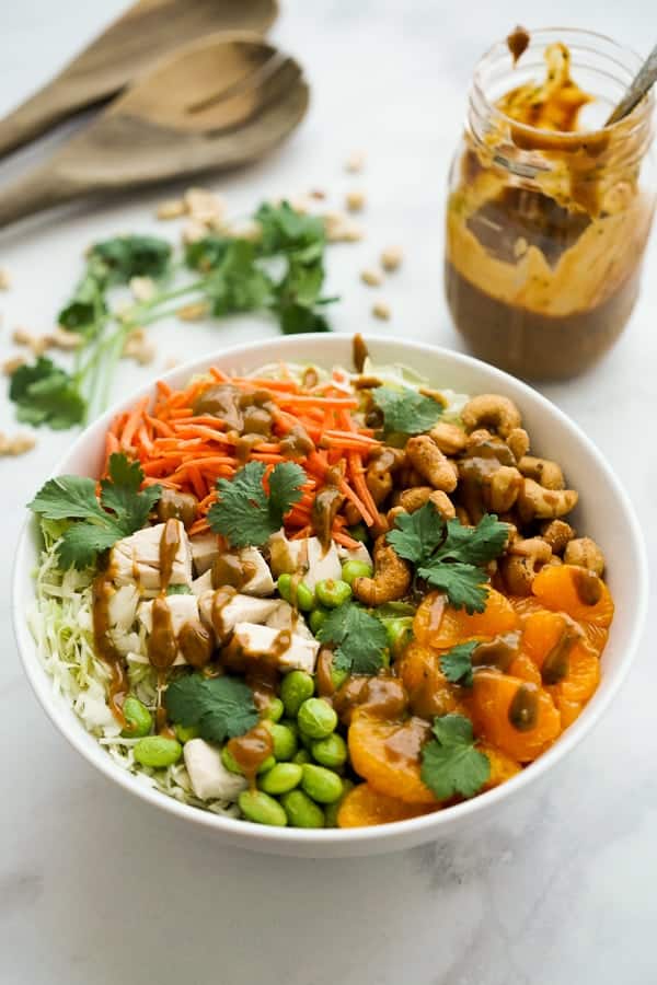 Asian Peanut Chicken Salad ingredients in a large bowl