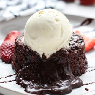 Chocolate sauce coming out of a lava cake