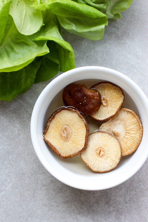 Soaking Shiitake mushrooms for Asian Lettuce Wraps