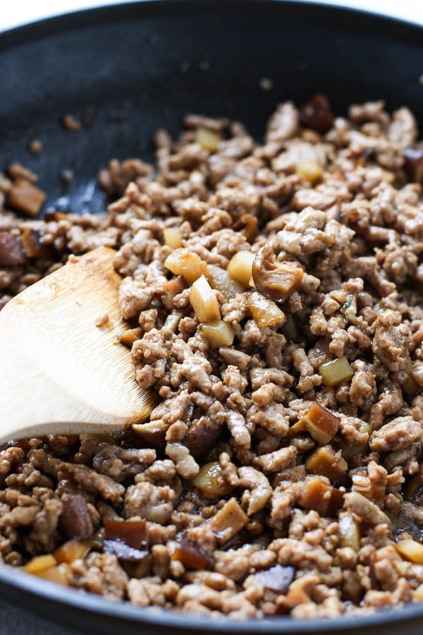 Cooking the ground pork filling for Asian Lettuce Wraps