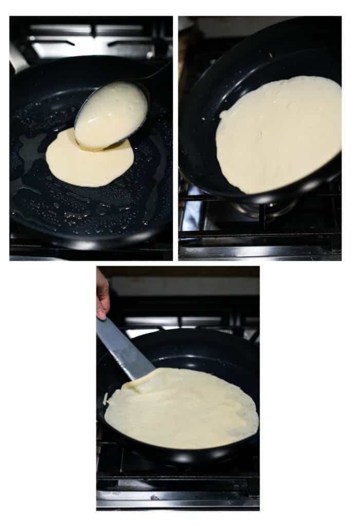 Making crepes on a skillet on stovetop