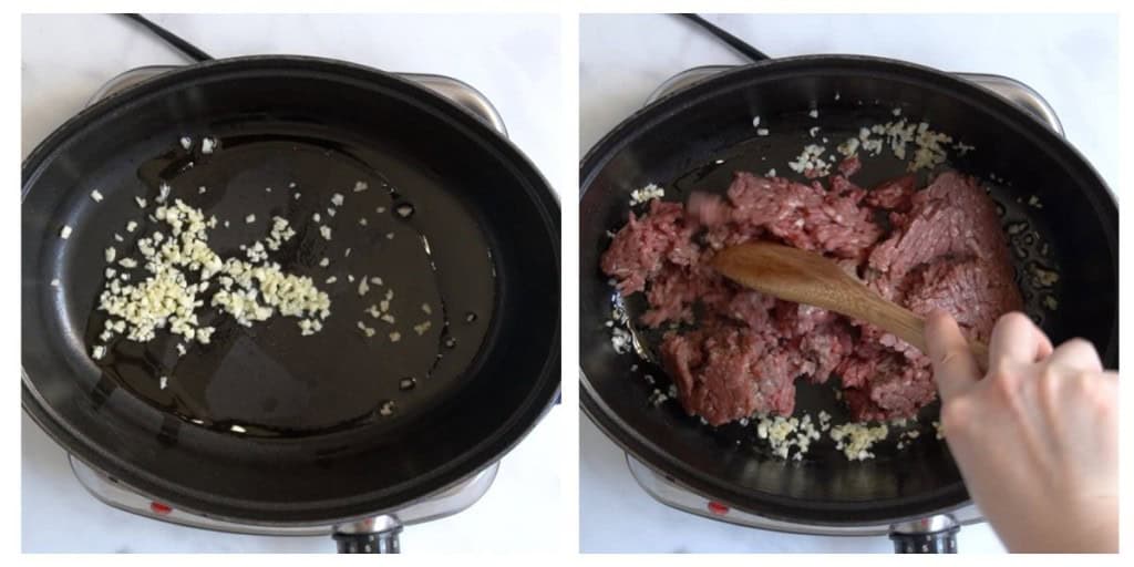 Searing chopped garlic in Dutch oven, followed by ground beef