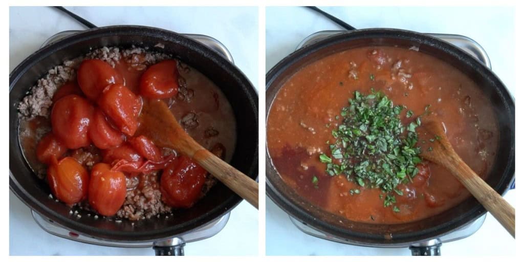 Adding whole peeled tomatoes, tomato sauce, fresh basil and other spices to meat sauce