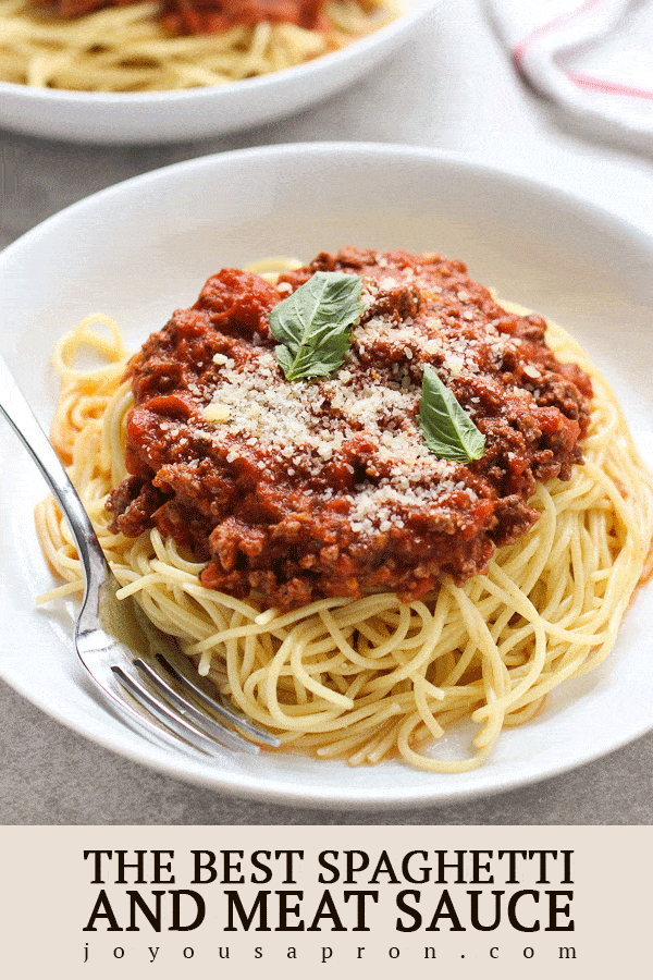 Spaghetti Meat Sauce - a classic Italian pasta recipe. Spaghetti is cooked al dente, topped with tomato-based sauce made with red wine, parmesan cheese, a blend of flavor-bursting herbs, and perfectly seasoned ground beef. via @joyousapron