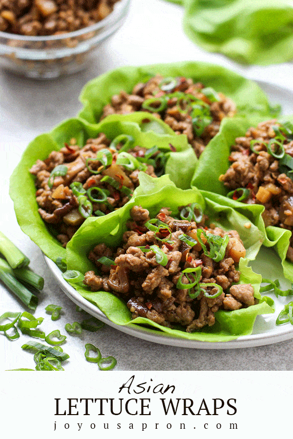 Asian Lettuce Wraps - an easy, healthy and low-carb Asian inspired appetizer or light meal for lunch or dinner. Flavorful ground pork or chicken tossed with shiitake mushrooms and water chestnuts in a savory sweet sauce, wrapped around crunchy lettuce. via @joyousapron