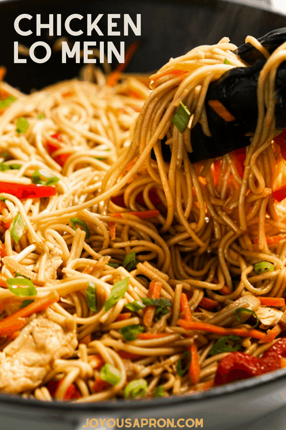 Chicken Lo Mein - easy and delicious Chinese noodle dish! An easy Asian dinner under 30 minutes. Delicious chewy egg noodles tossed in a flavorful savory soy based sauce, combined with crunchy veggies and chicken. Save well as leftovers and great for meal prep. via @joyousapron