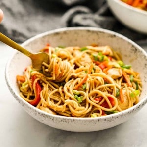 Using a fork to dig into a bowl of Chicken Lo Mein