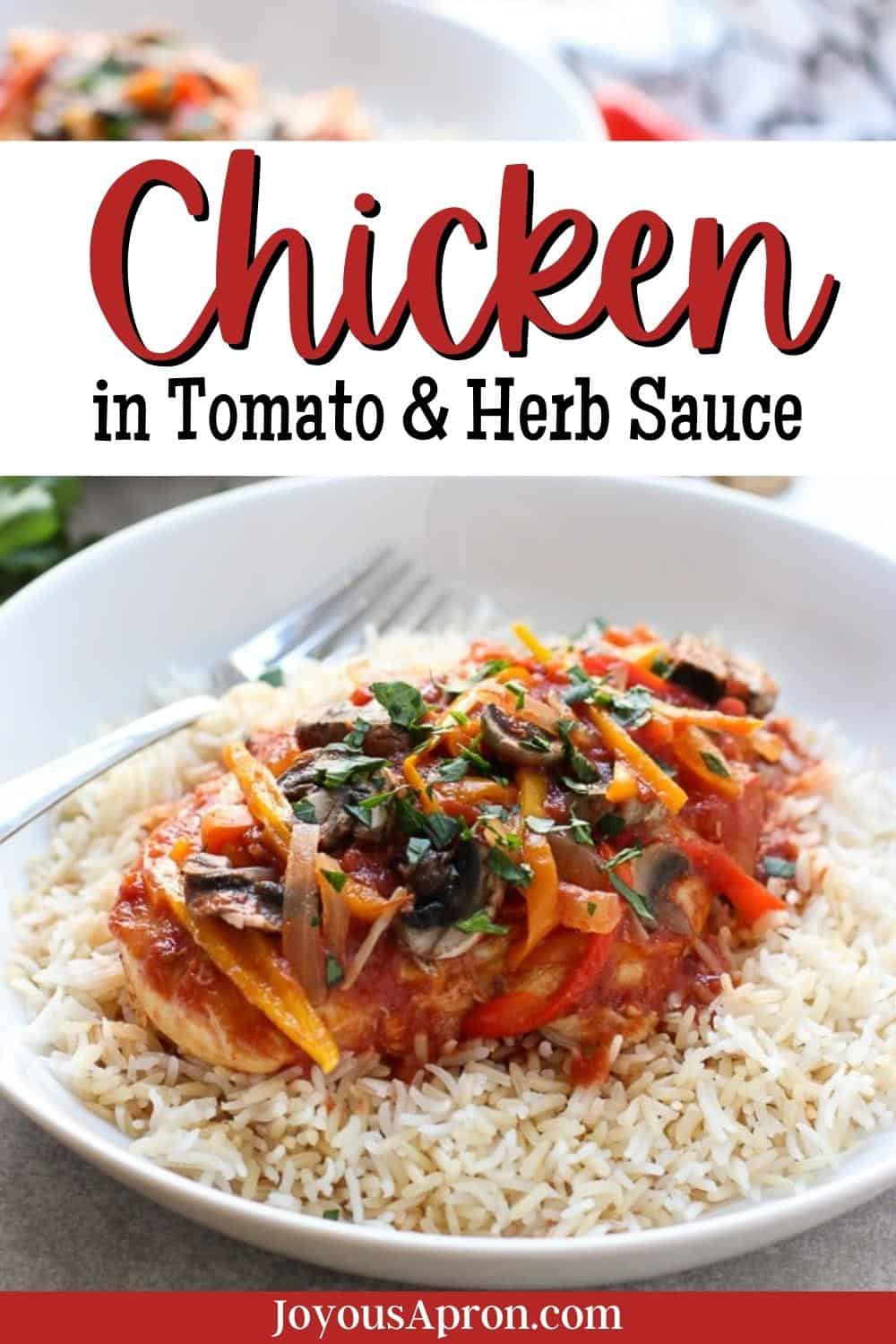 Slow Cooker Chicken in Tomato and Herb Sauce - A healthy, easy crockpot meal! Using a slow cooker, chicken breast is cooked in an herb and white wine infused tomato sauce, combined with bell peppers, onions and mushrooms via @joyousapron