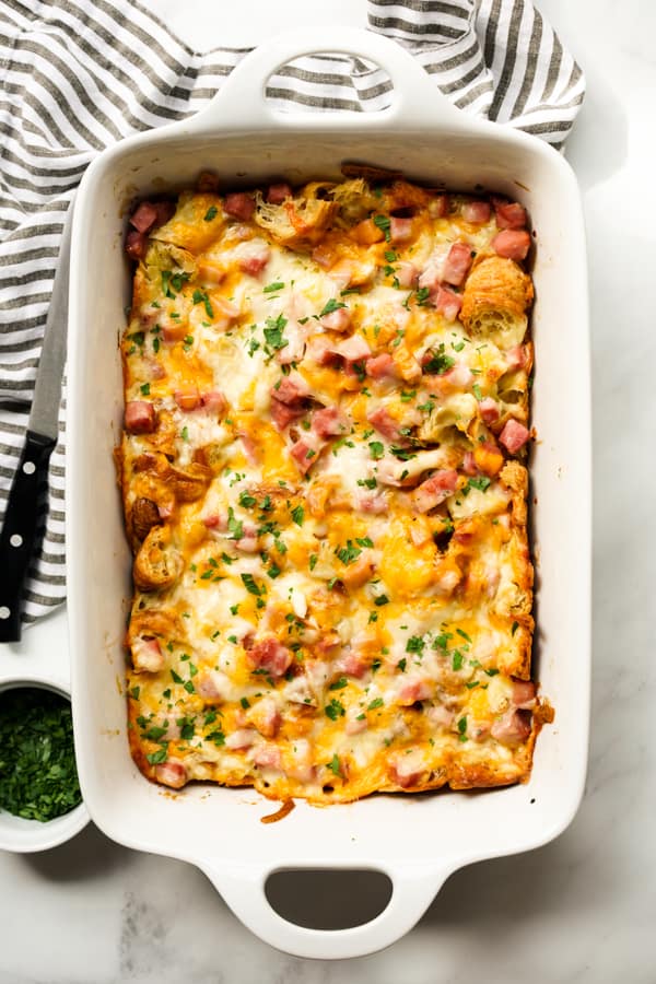 Top down view of Ham and Cheese Croissant Bake