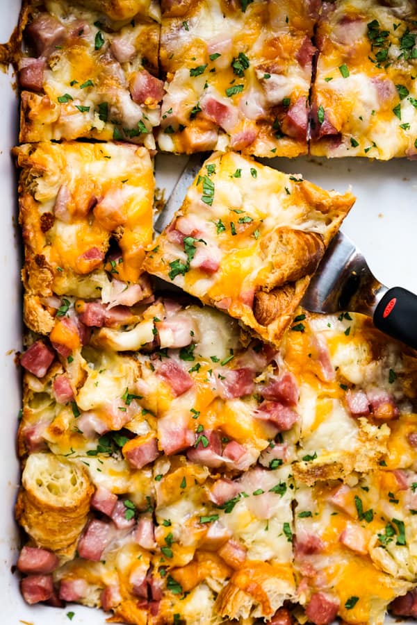 Top down view of a rectangular Ham and Cheese Croissant Casserole