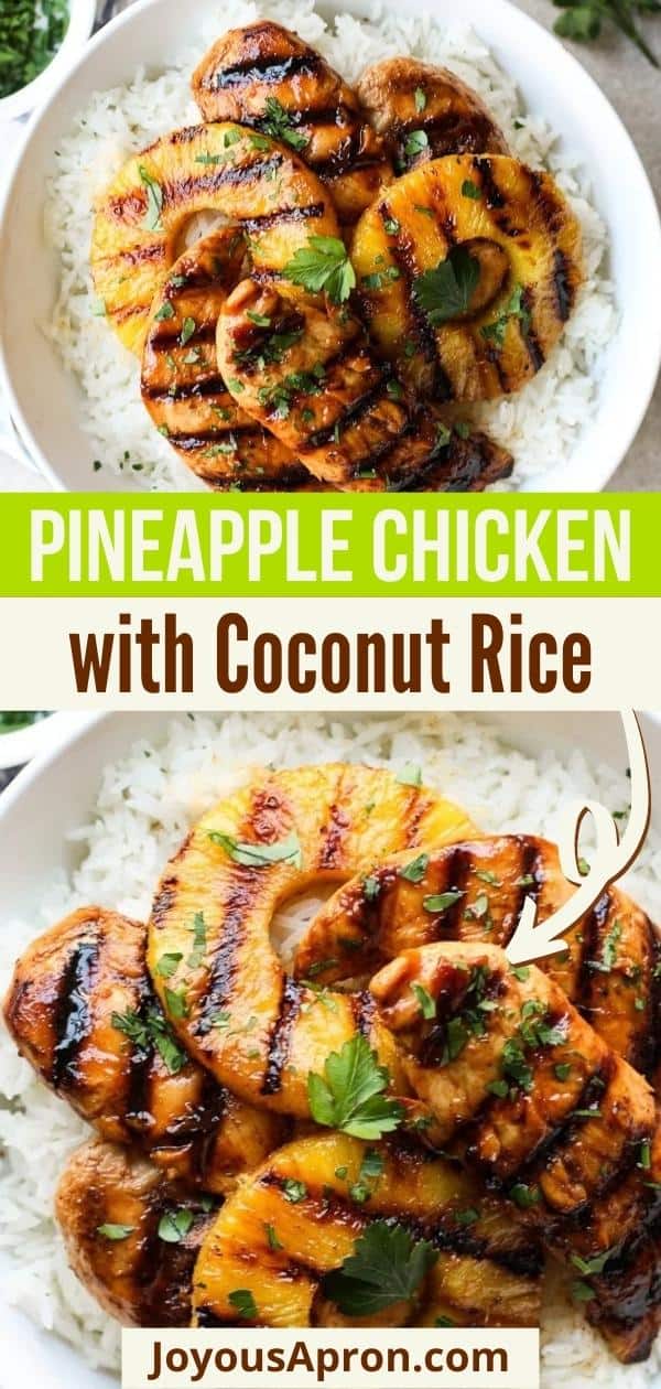 Hawaiian Chicken with Coconut Rice - also called Huli Huli Chicken, an easy and healthy tropical rice bowl dinner! Grilled or pan-fried chicken tenders marinated in soy and pineapple juice, combined with coconut rice and grilled fresh pineapple. Perfect for leftovers or meal prep. via @joyousapron