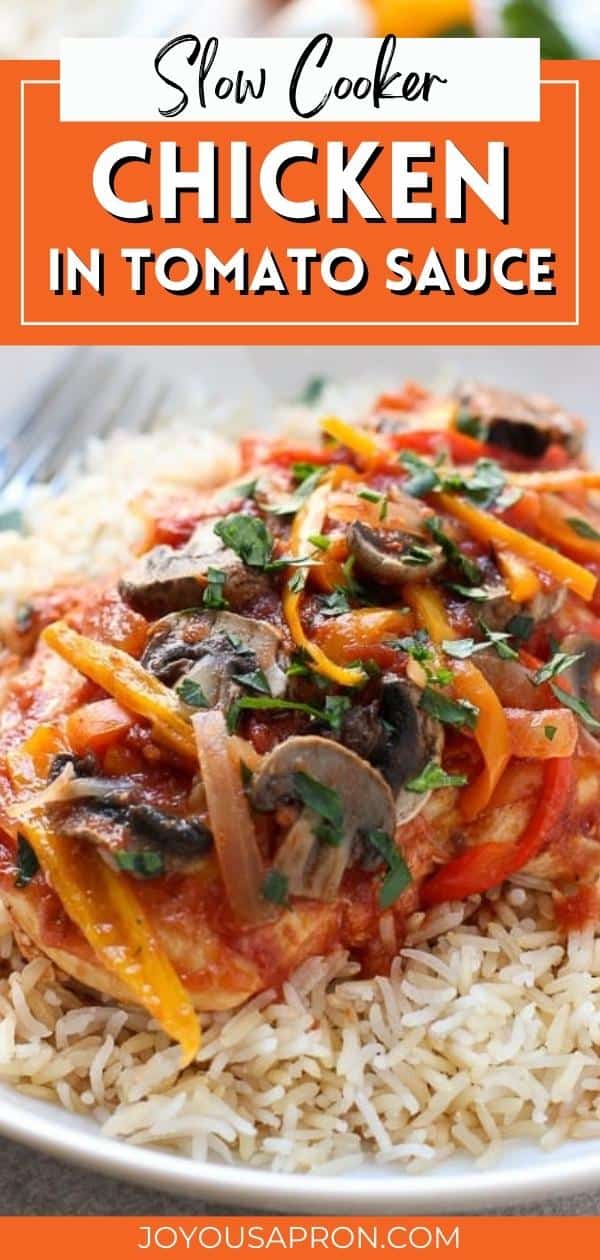 Slow Cooker Chicken in Tomato and Herb Sauce - A healthy, easy crockpot meal! Using a slow cooker, chicken breast is cooked in an herb and white wine infused tomato sauce, combined with bell peppers, onions and mushrooms via @joyousapron