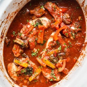 A large pot of chicken cacciatore made in the slow cooker