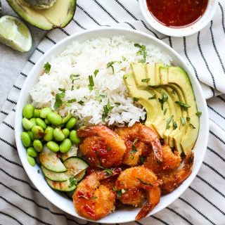 Top down view of a bowl of Crispy Shrimp Bowl