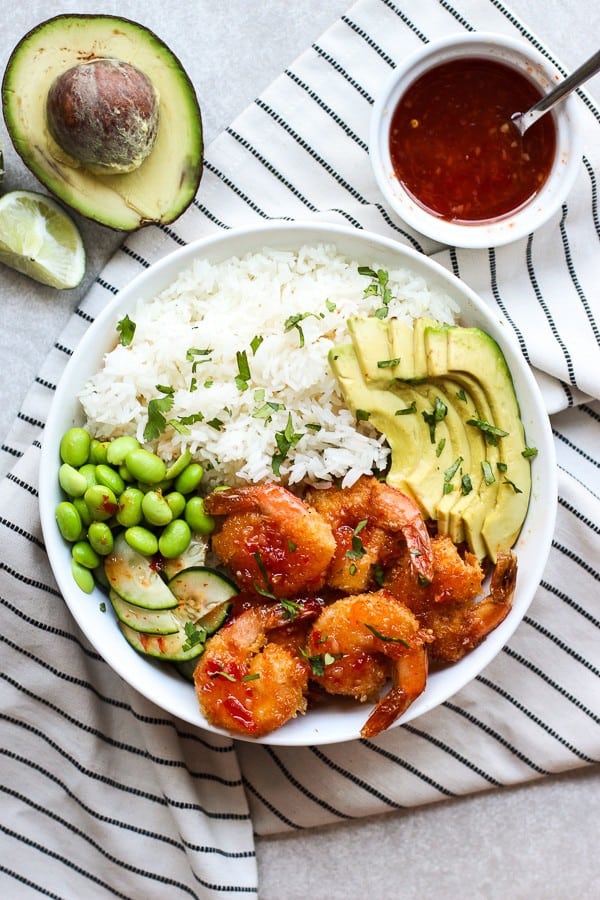 Top down view of a bowl of Crispy Shrimp Bowl