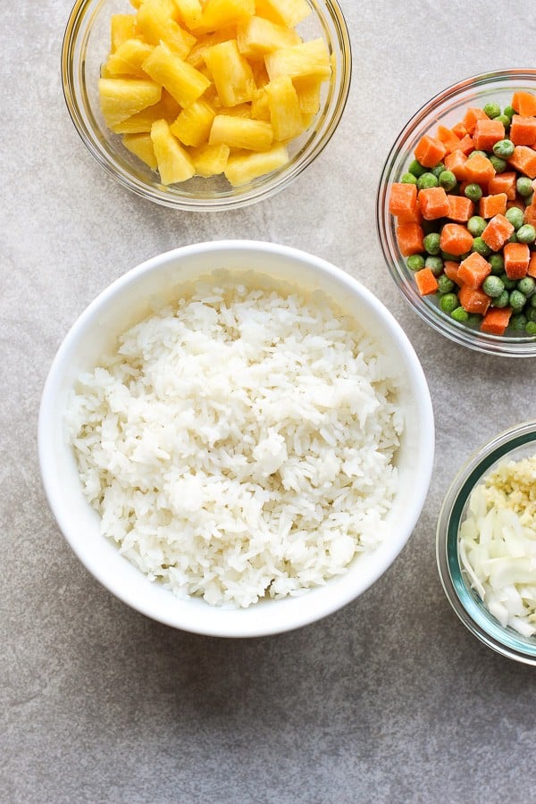 Ingredients for Thai Pineapple Fried Rice - Rice, mixed veggies, pineapple chunks, minced garlic and onions