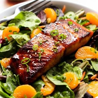 Asian Salmon Salad with a fork and dressing on the side
