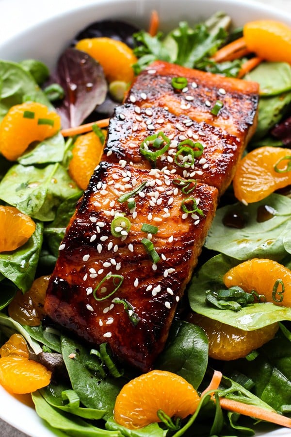 A bowl of Asian Salmon Salad with lettuce, mandarin oranges and green onions