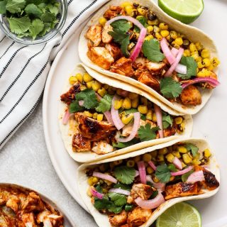 Top down view of a plate of BBQ Chicken Tacos