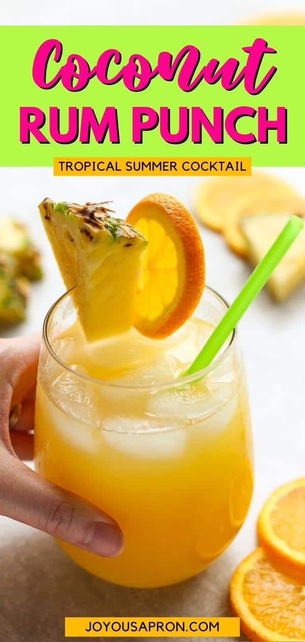 Coconut Rum Cocktail - easy tropical alcoholic drink for the summer! Pineapple juice, orange juice and coconut rum mixed into a fun beverage for warmer days! via @joyousapron