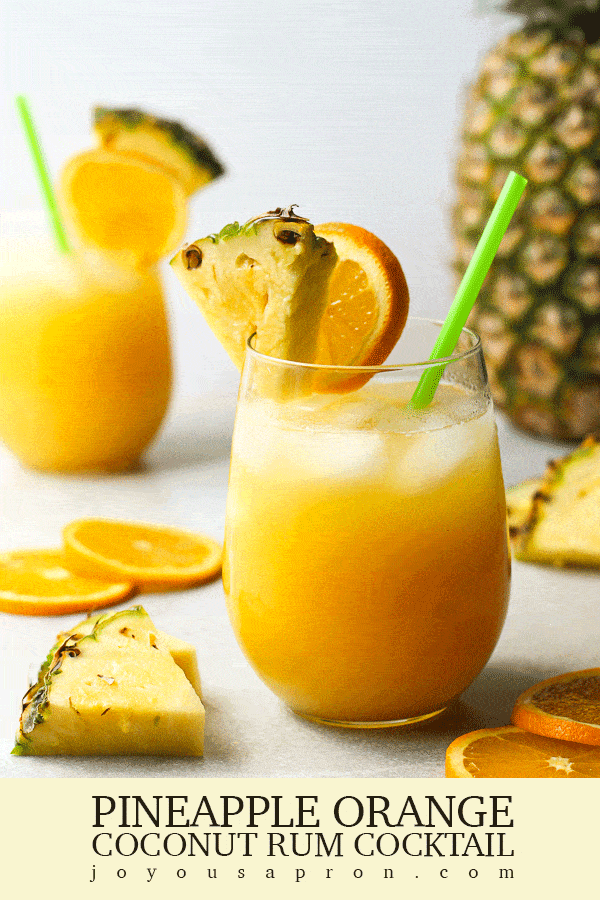 Coconut Rum Cocktail - easy tropical alcoholic drink for the summer! Pineapple juice, orange juice and coconut rum mixed into a fun beverage for warmer days! via @joyousapron