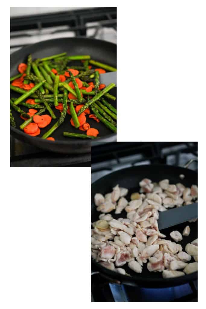 Cooking asparagus and carrots, then removing veggies to cook chicken