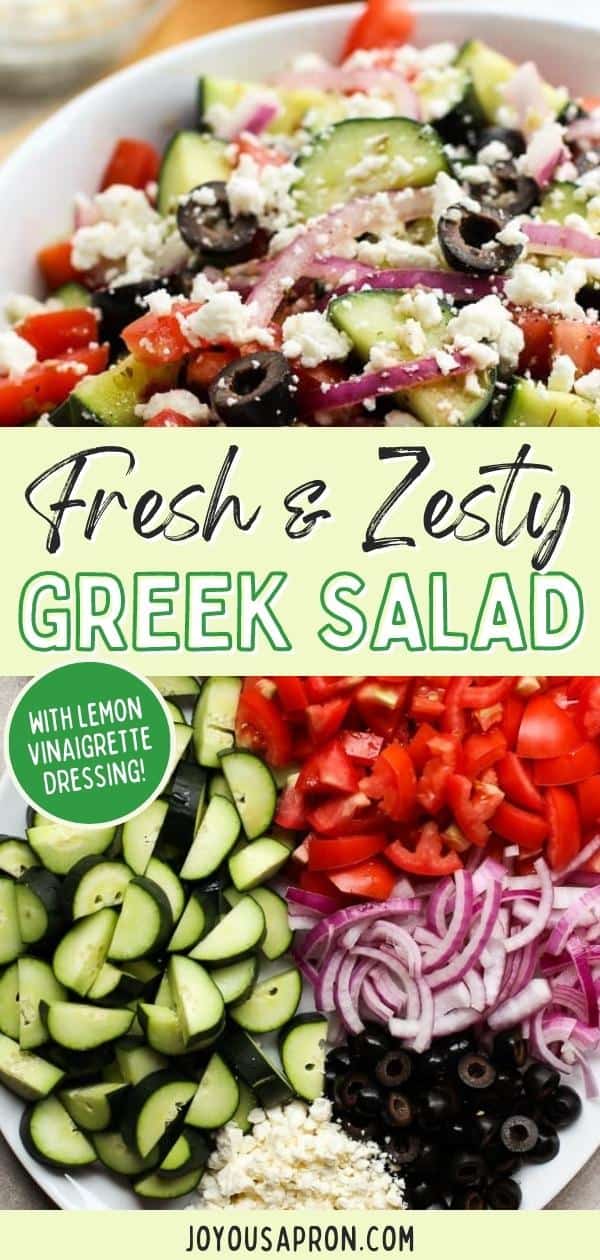 Greek Cucumber Salad - healthy and easy no cook vegetable side dish, perfect for summer dinners and cookout. Cucumbers, tomatoes, red onions, black olives, and feta tossed in a zesty homemade Greek Lemon Vinaigrette dressing. via @joyousapron