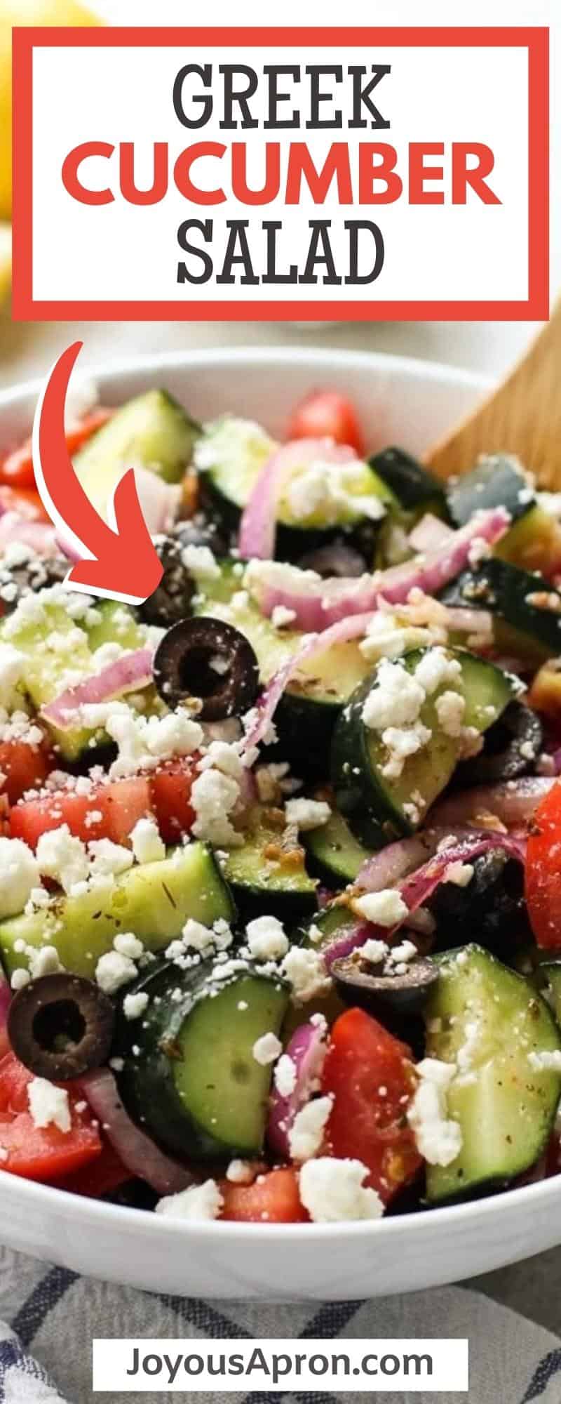 Greek Cucumber Salad - healthy and easy no cook vegetable side dish, perfect for summer dinners and cookout. Cucumbers, tomatoes, red onions, black olives, and feta tossed in a zesty homemade Greek Lemon Vinaigrette dressing. via @joyousapron