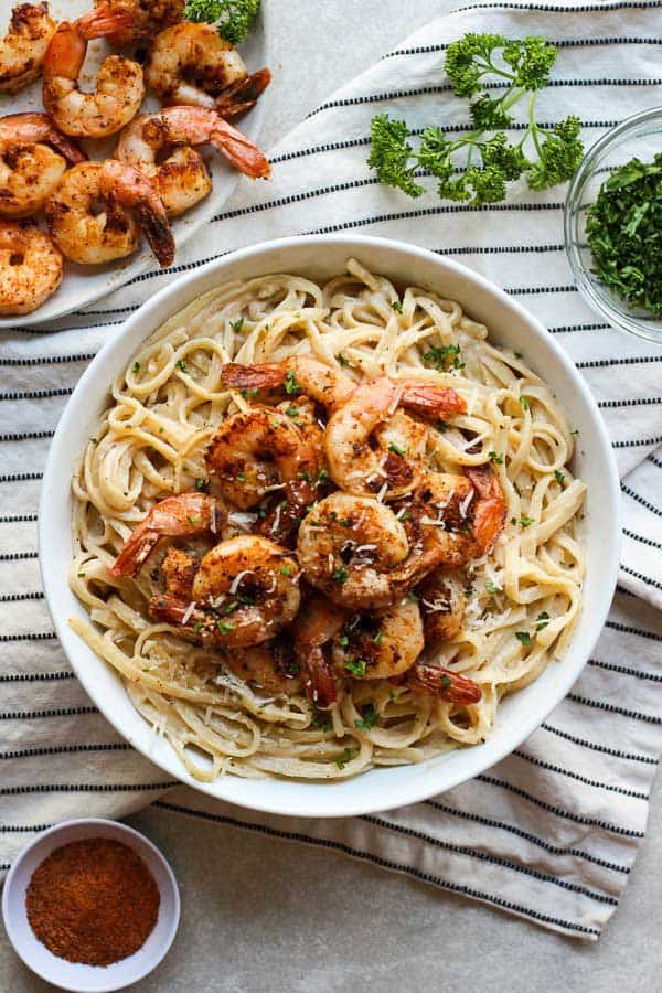 Top down view of a bowl of Blackened Shrimp Pasta