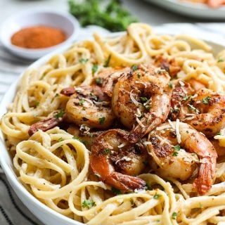 A bowl full of Blackened Shrimp Pasta