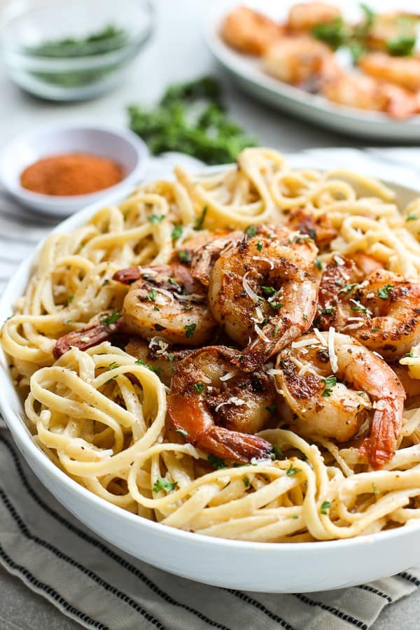 A bowl full of Blackened Shrimp Pasta