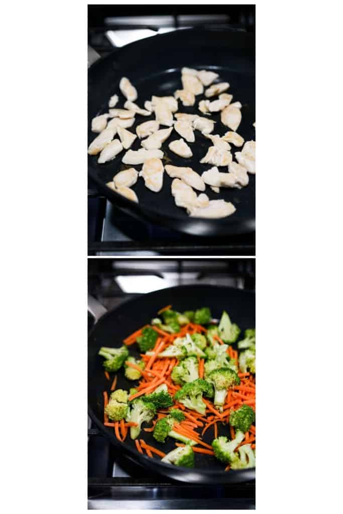 Cooking chicken in the top skillet, and cooking broccoli and carrots in the bottom skillet