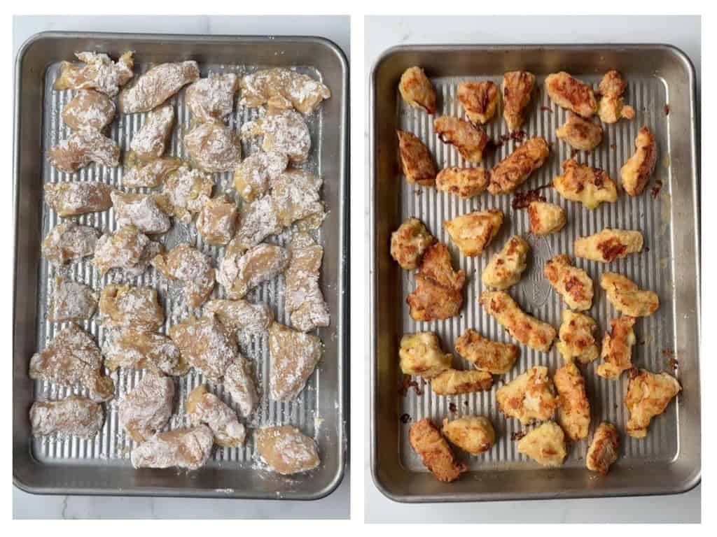 Before and after baking breaded chicken pieces on a baking sheet